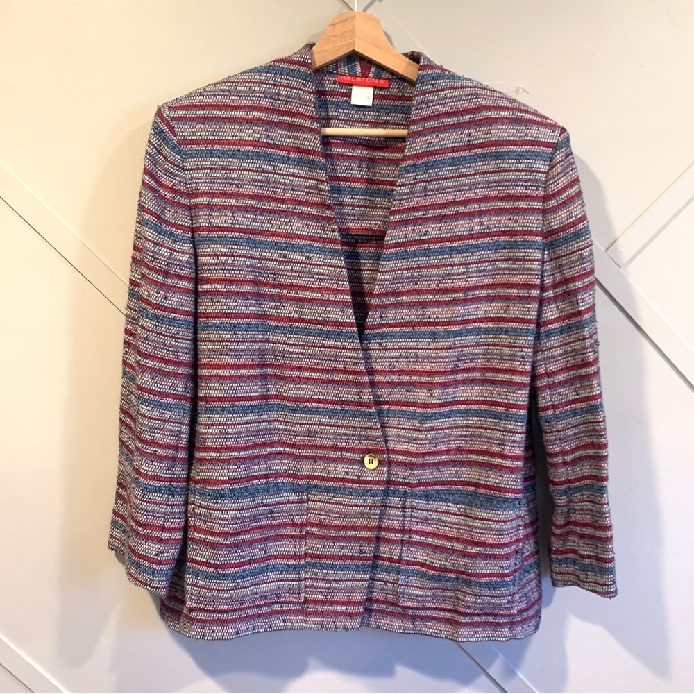 Halston Womens Striped Button Front Linen Blazer Jacket Size 10